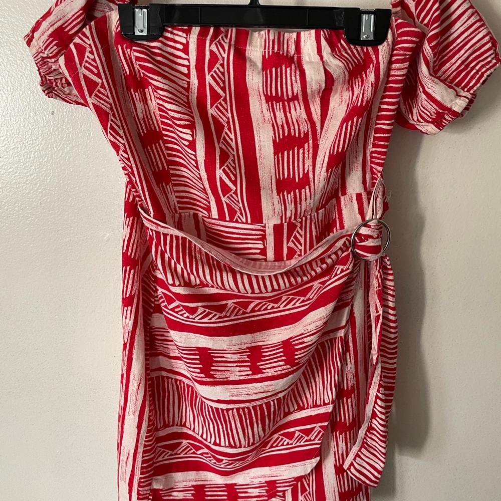 Forever 21 Red and White One-Shoulder Belted Dress with Ring Detail